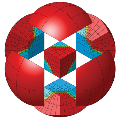 The logo for the MFEM project illustrates the high-order mesh elements and physics field representations it applies to high-performance computer simulations. This image was created with GLVis, another Livermore-developed OSS that uses MFEM to generate accurate finite-element visualizations.