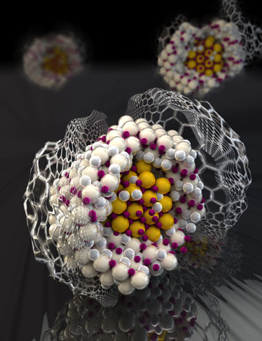 Shown here, hydrogen molecules (pairs of grey spheres) enter a nanoparticle of lithium amide (beige and magenta spheres) and lithium nitride (yellow and magenta spheres) confined within a graphene shell.