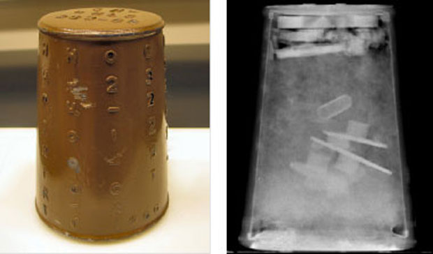 metal cylinder on the left and a radiograph of its interior on the right