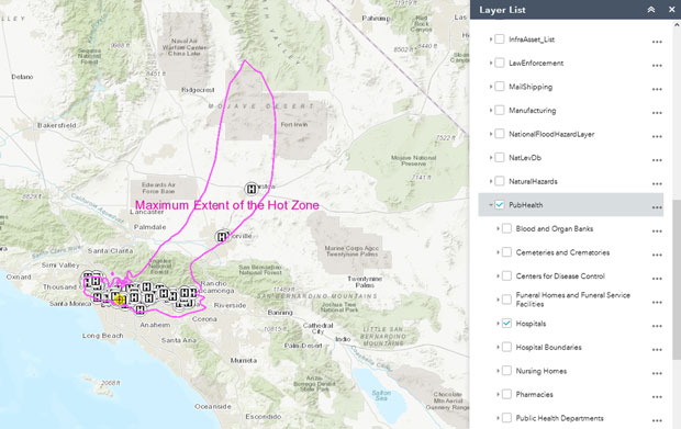 Emergency planners can use the interactive GIS at the heart of iCPR to display a fallout radiation zone on a map, change maps, and explore different critical infrastructure and key resources, such as hospitals.