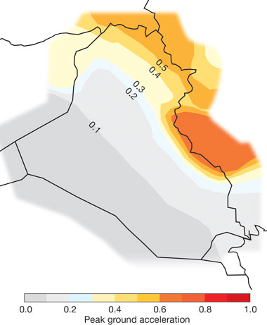 A seismic hazard map for Iraq estimates peak ground acceleration with a 2 percent chance of exceedance in 50 years.