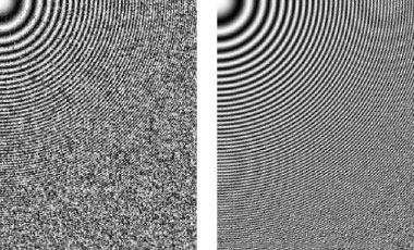Two image reconstructions showing concentric circles. The second image contains more circles, representing more significant data patterns.