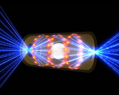 During inertial confinement fusion (ICF) experiments, laser light entering through either end of a hohlraum strikes the cylinder's walls and generates a bath of x rays that causes the target capsule to implode.