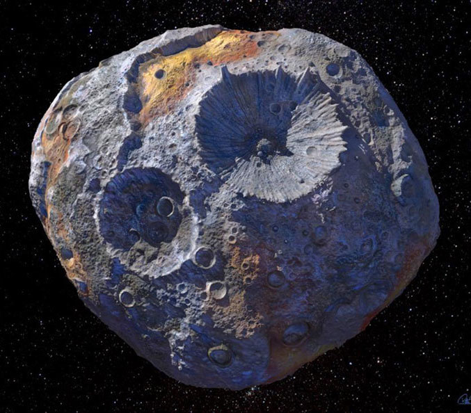 Psyche is hypothesized to be an exposed planetary core containing iron, nickel, and other metallic elements. 