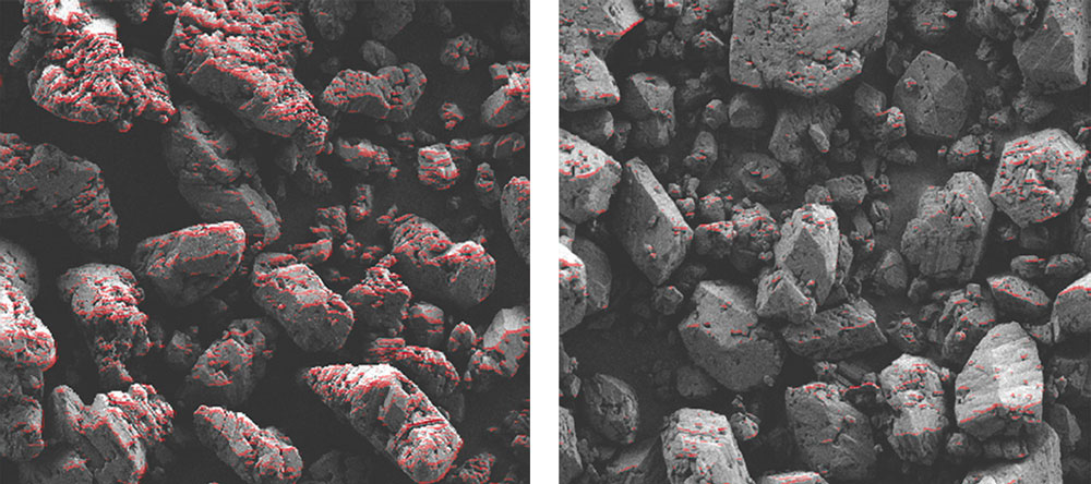 Two scanning electron microscopy images of material particles, with different contour highlighting generated by computer vision techniques