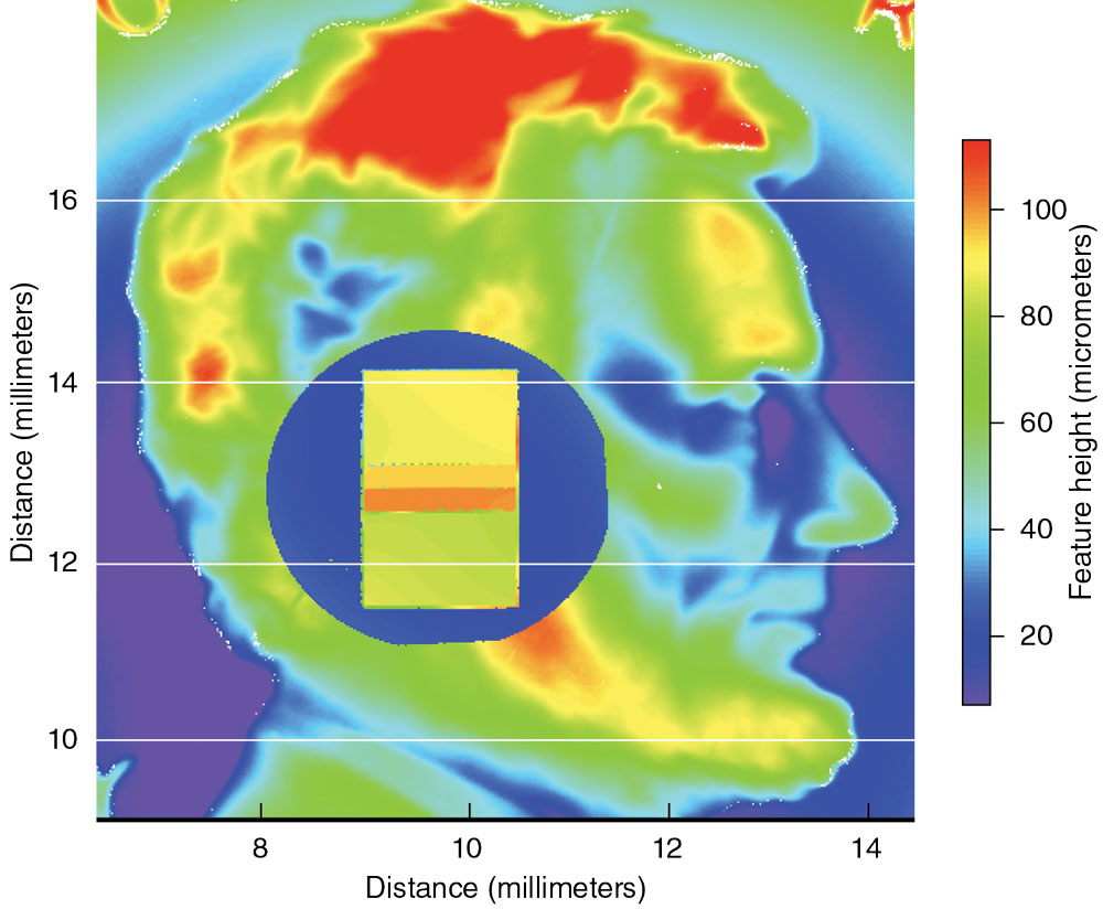 A heat map showing a stepped target superimposed onto a penny