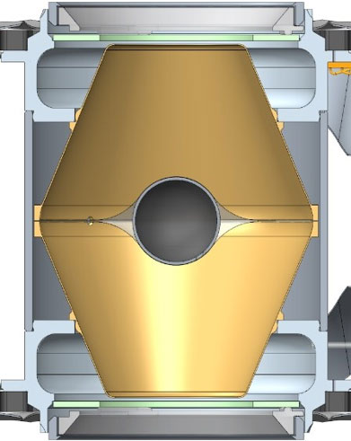 A cutaway view of a frustraum with a round capsule inside.