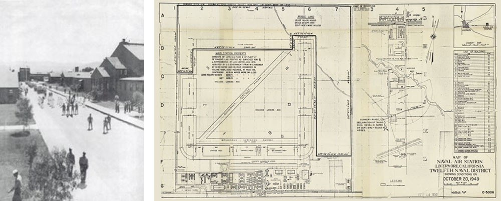 On the left, a black and white photo depicts 1940s Navy members at the Naval Air Station, Livermore, and on the right, a photo shows blueprints of the Laboratory from 1949