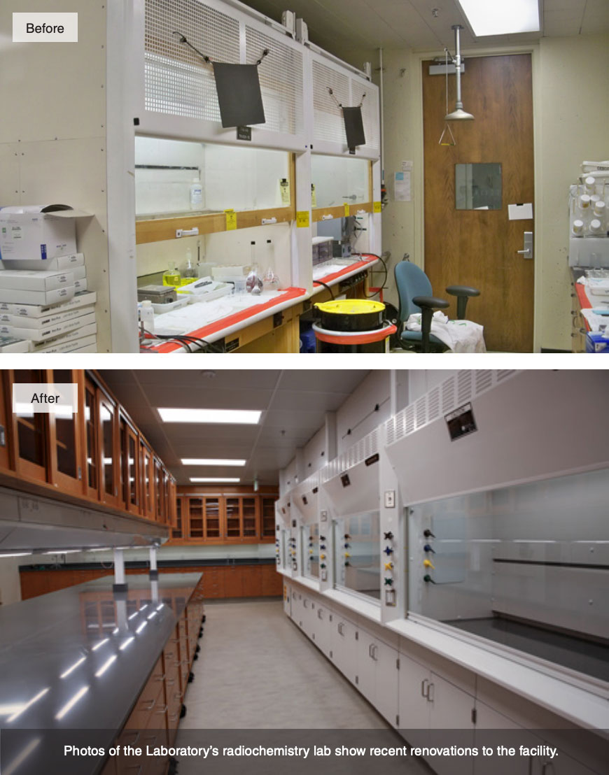 Before and after photos of the renovated radiochemistry lab