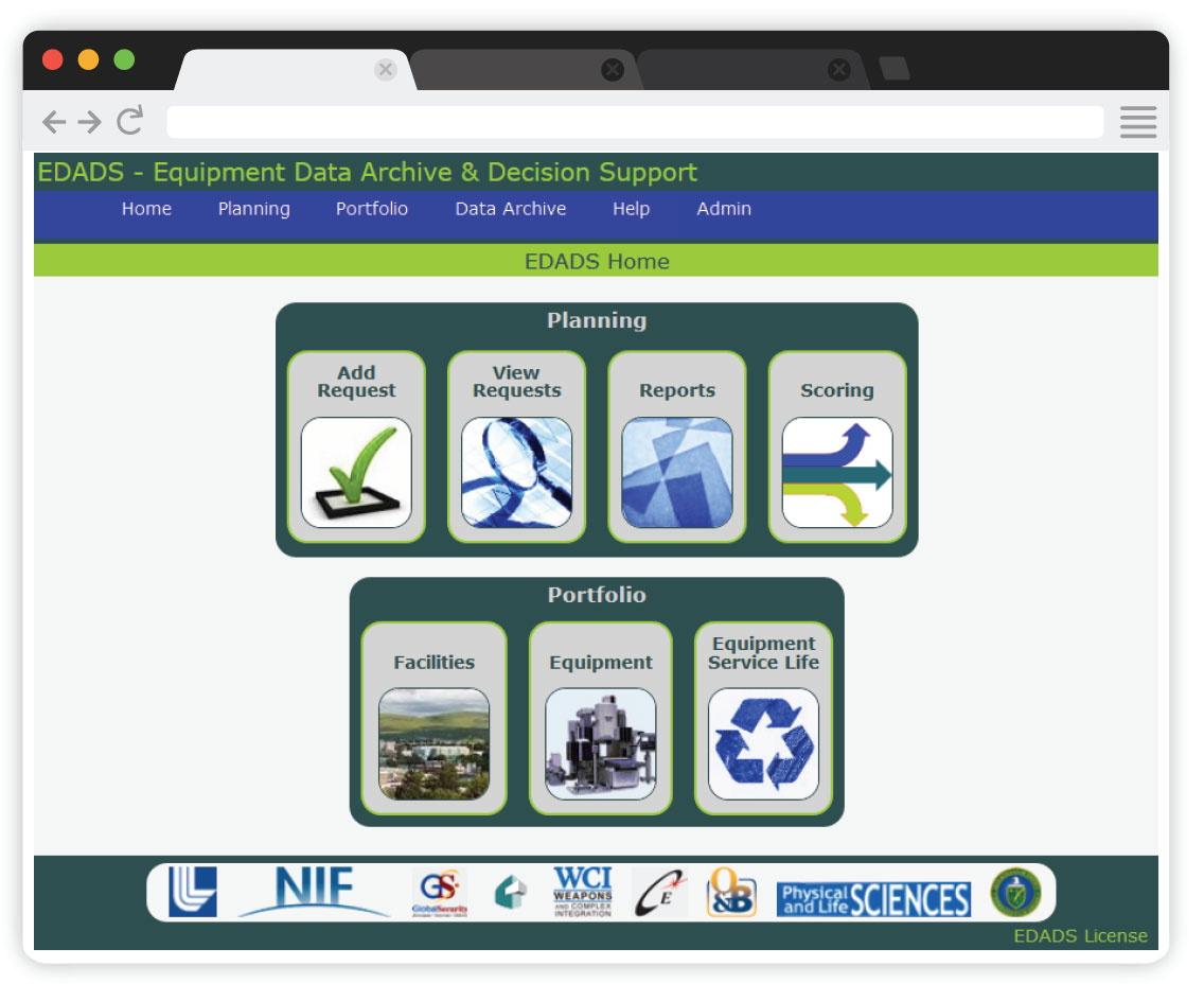 The web-based Equipment Data Archive and Decision Support tool homepage