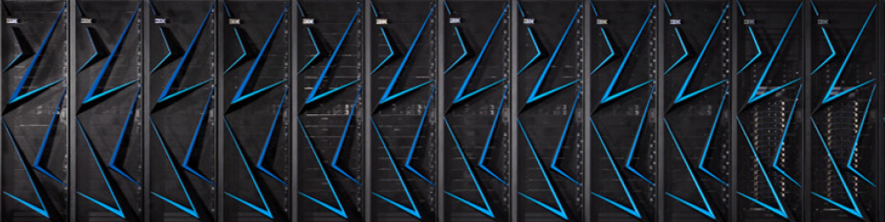 A wide angle of Lassen supercomputer racks.