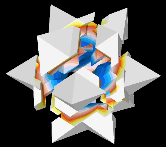 A 3D multi-pronged star-shaped simulation with white points broken open to reveal a rainbow-colored center.