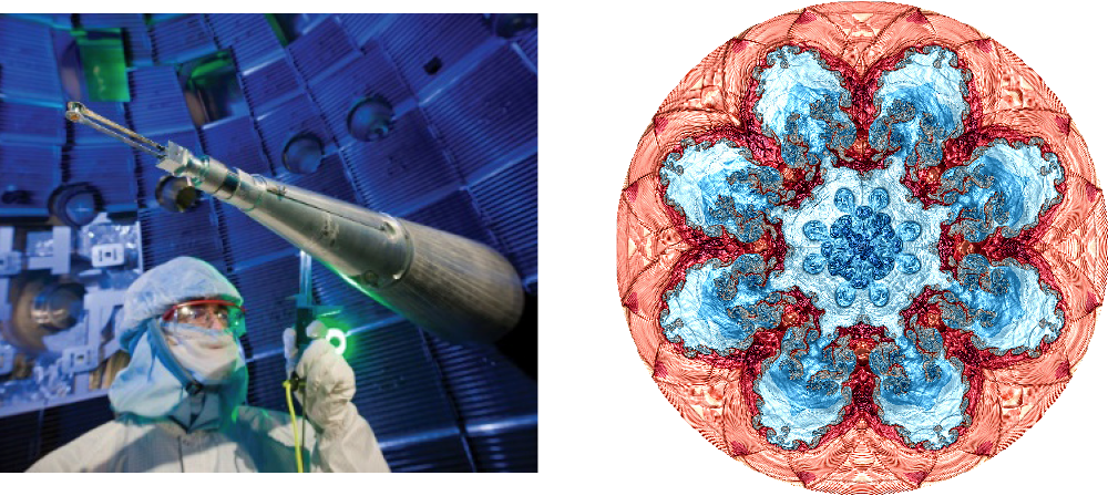 Left: A scientist applies a tool to a device in the NIF target chamber. Right: A computer simulation of two fluids mixing within a sphere.