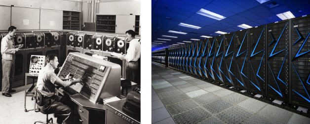 Left: Scientists work on a 1950s supercomputer.  Right: Many racks of a modern supercomputer.