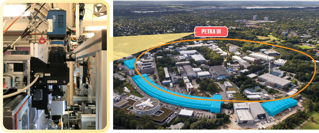 Left: Piece of laboratory equipment positioned vertically; right: Aerial view of a ring-shaped facility. 