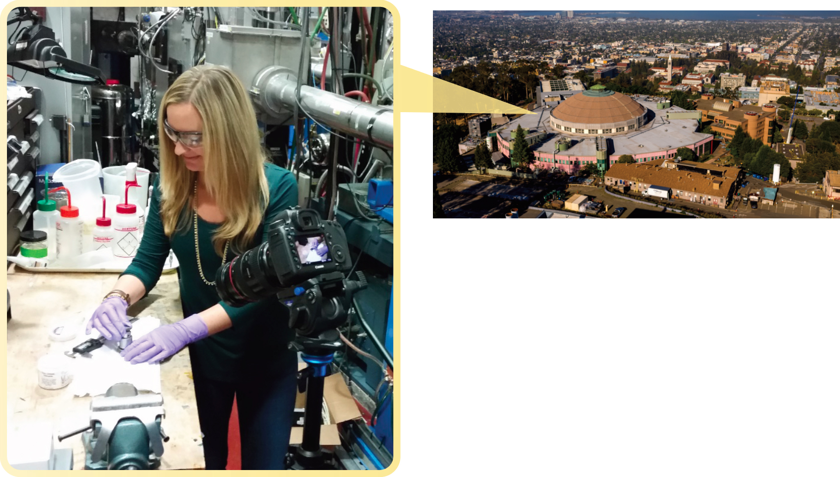 left: Scientist measuring an object on a workbench ; right: Drone photograph of a large domed building on a college campus.