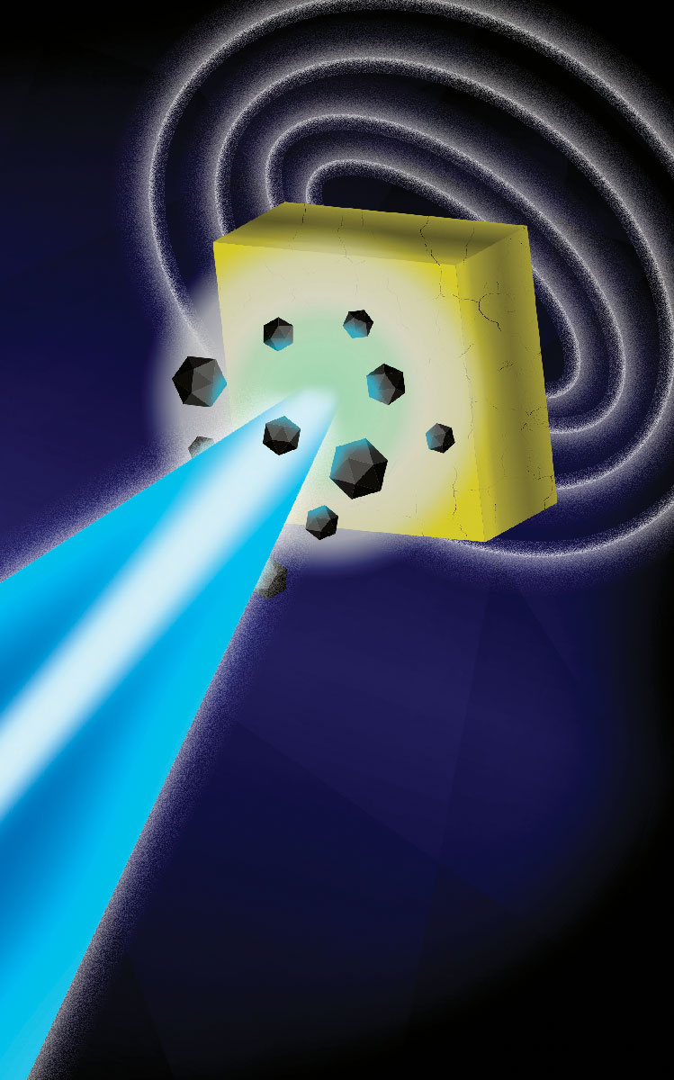 illustration with blue beams, yellow square, and small black shapes