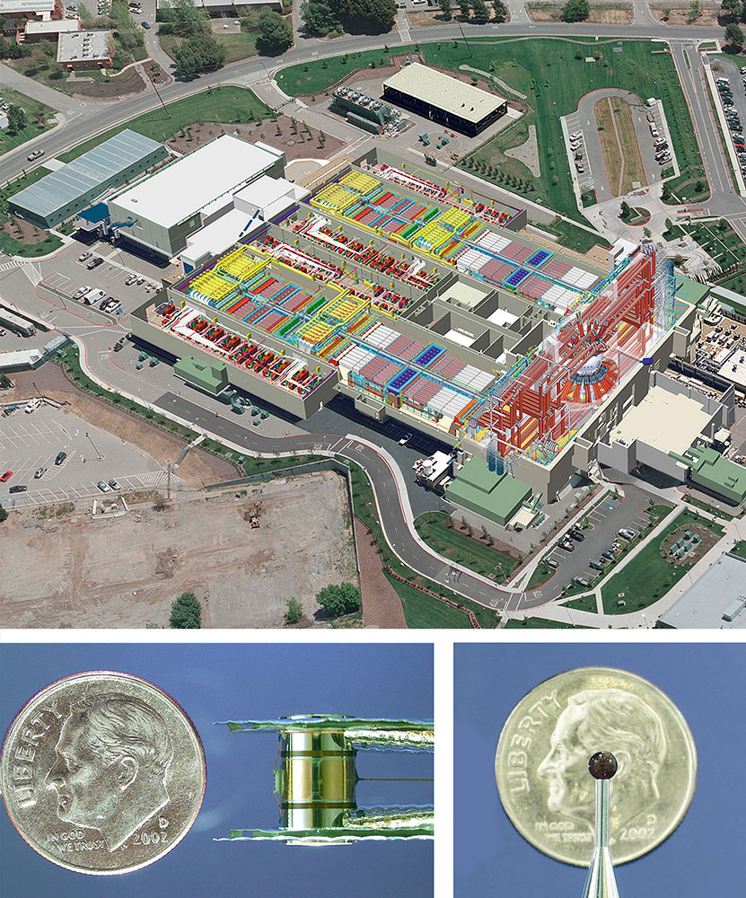 top image: aerial view of large building bottom image: object sizes compared to a dime