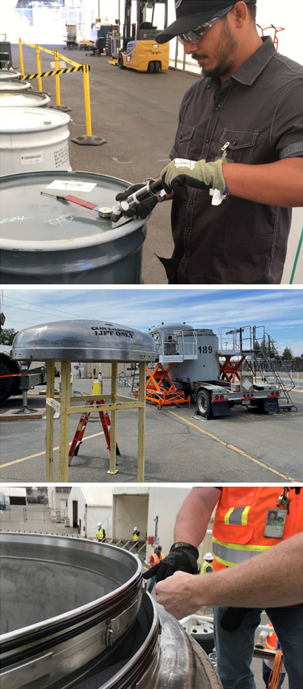 (top) a person holding a device over a barrel; (middle) the lid of a large container; (bottom) a person's hands near a container's opening