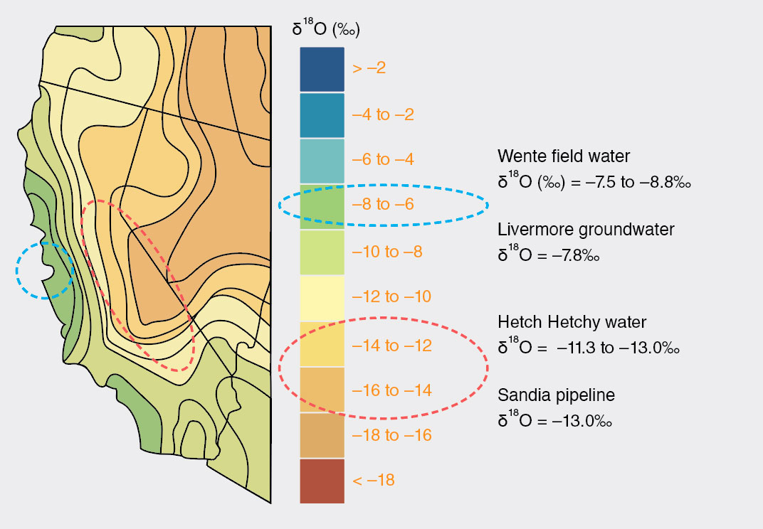 map of California with different colors indicating areas of different isotope ratios