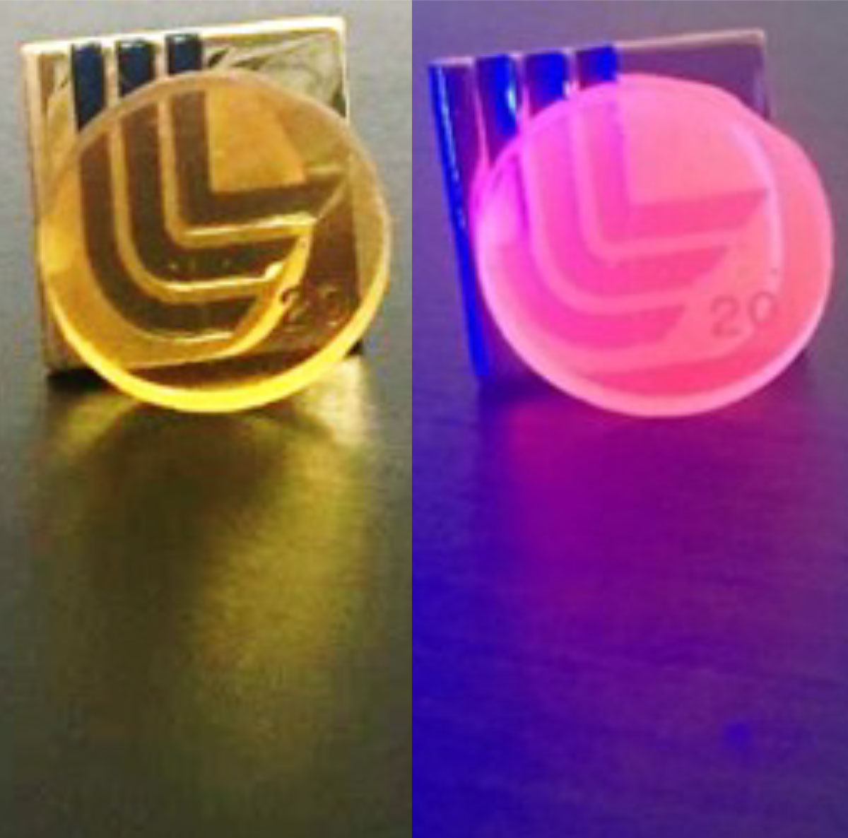 Two side-by-side images. The left photograph shows a small, reflective square featuring the LLNL logo that is partially obscured by a transparent yellow disc. The right photograph shows the same square object partially obscured by a transparent pink disc.