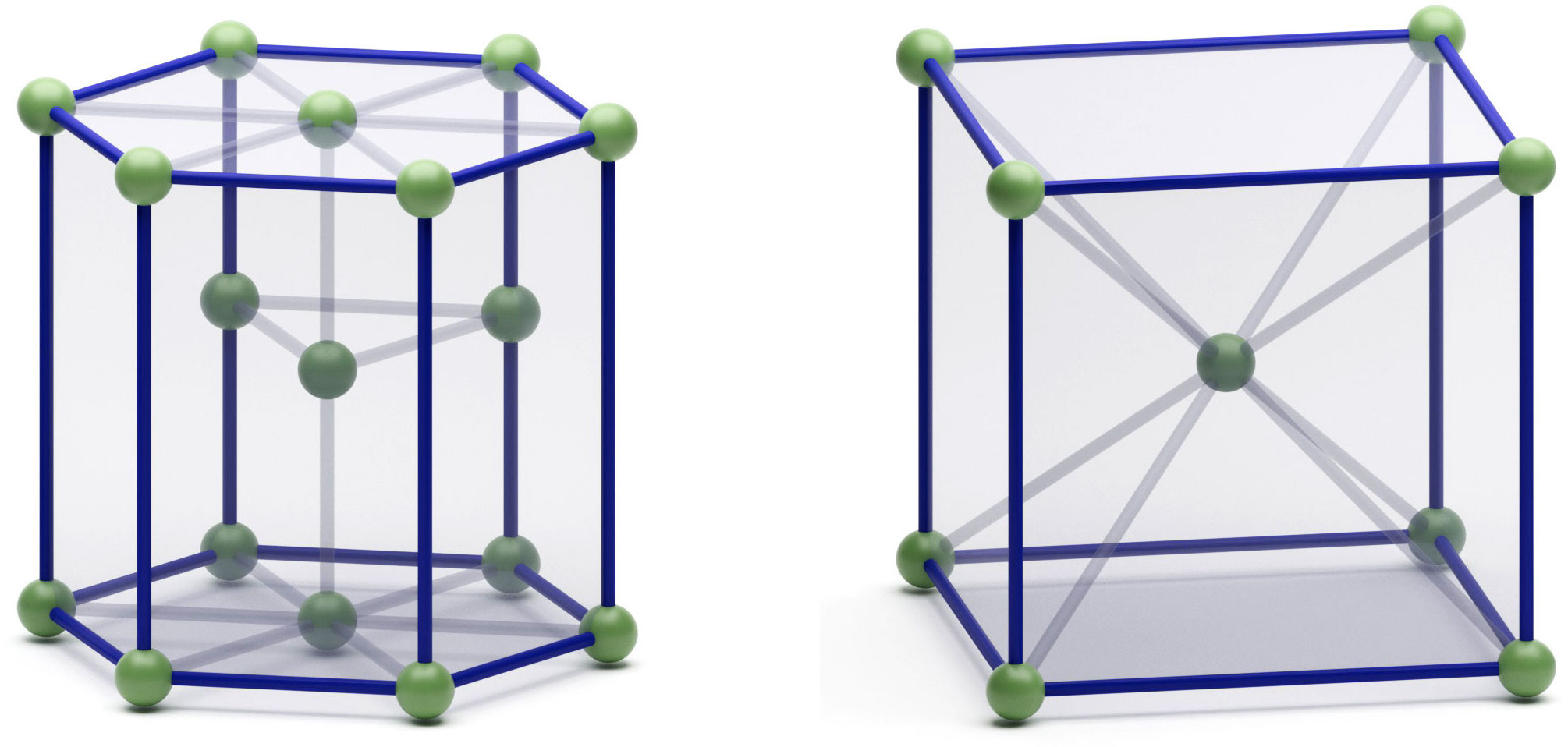Diagram of two 3D polygon structures dotted with small circles