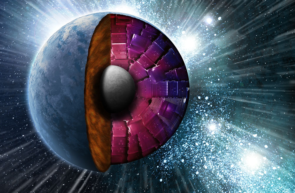 An artist rendering of a cutaway core of a planet; part of the core is overlaid with the image of metal machinery