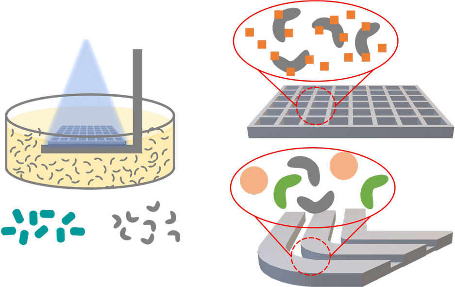 A diagram depicts a vat of a liquid substance, left, which produces either a grid structure (top right)  or a structure resembling the LLNL logo (bottom right). Chemical reactions are indicated by abstract shapes