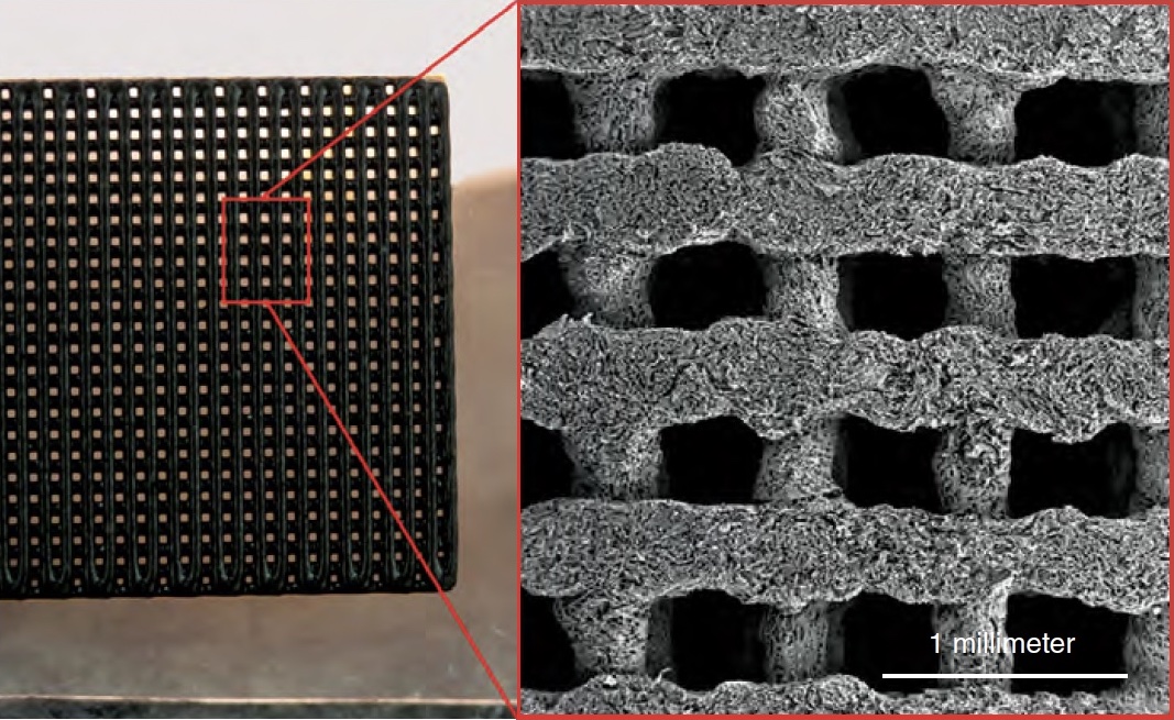 The image on the right presents magnified detail of the porous material in the additively manufactured component pictured on the left. 