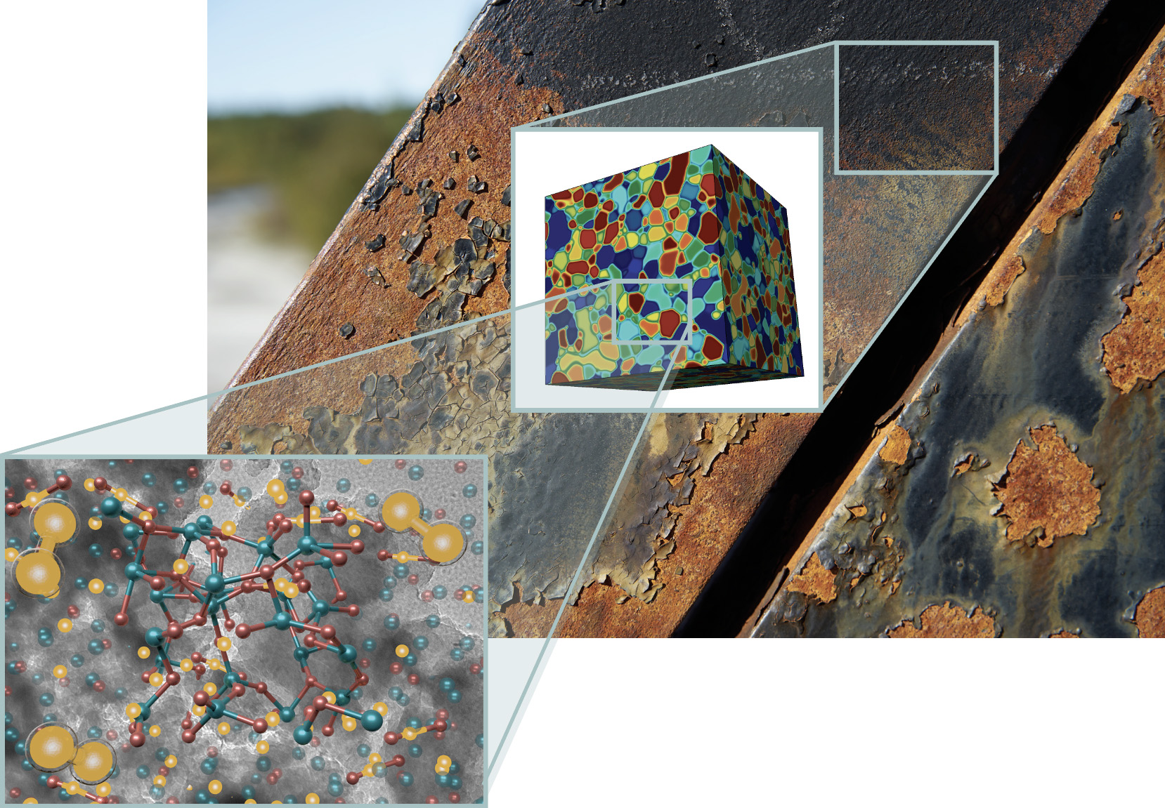 a photograph of a corroded surface with two renderings of corrosion at smaller scales in the foreground