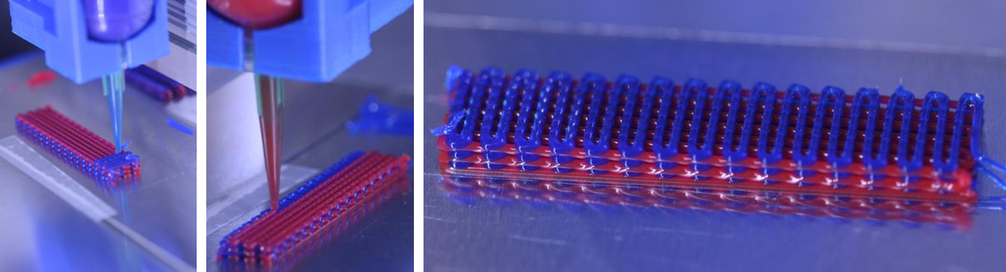 A 3D printer with a funnel-tip extrudes a continuous trail of material back and forth across a rectangular area. Eventually the extrusion layer extends across the area, The machine alternates layers so each layer is a different material and is extruded perpendicularly with the layers below and above, reducing contact between the sandwiched layers. Six layers together form a bar shaped object with many air pockets. 