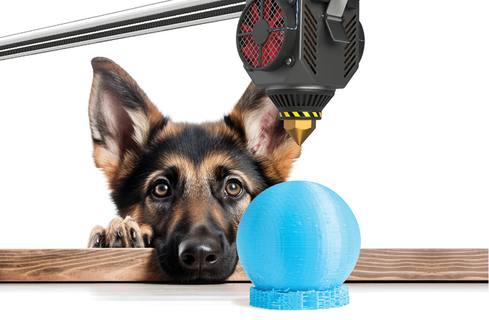 A photo juxtaposition shows a German shepherd peering attentively under the nozzle of a 3D printer, where a just-manufactured object sits just beyond the tip of the dog's nose.