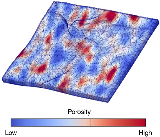 Results of a computer simulation with a color scale to indicate porosity.