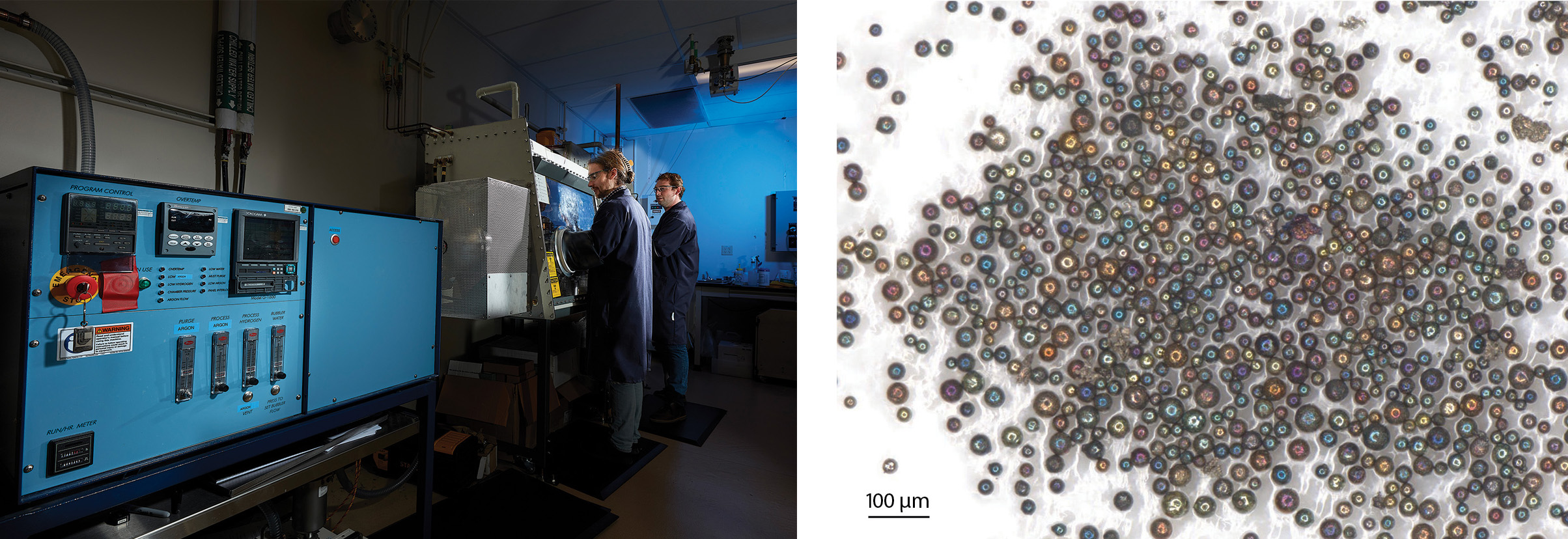 Left: Two scientists working with equipment in a laboratory; Right: small, spherical objects