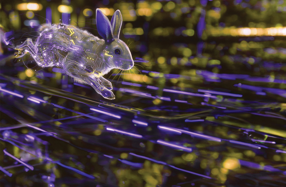 alt-A rabbit with computer circuitry on it runs across a shiny surface.