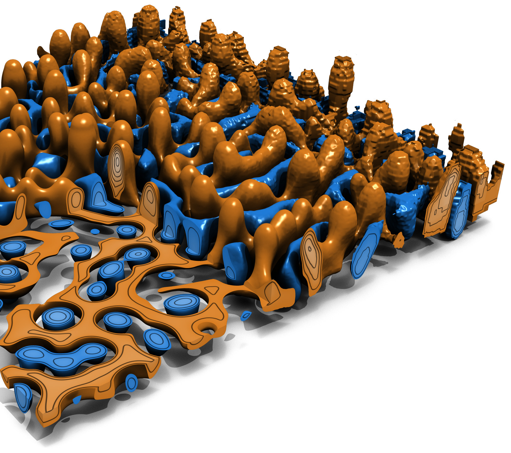 Computer simulation of blue and brown shapes with varying heights and degrees of smoothness