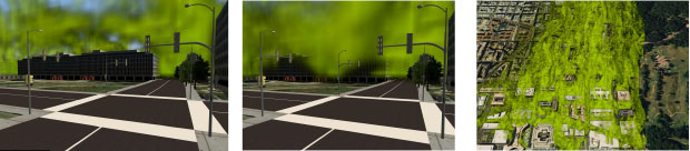 These visualizations of an Aeolus simulation, created using Livermore’s SceneWorks software, depict the aftermath from a ruptured chlorine tank car in a hypothetical urban setting. (left, center) Two snapshots, taken just a few seconds apart, show chlorine gas spreading quickly at street level. (right) An overhead perspective, taken 18 minutes postrelease, shows the gas flowing between and over buildings.   
