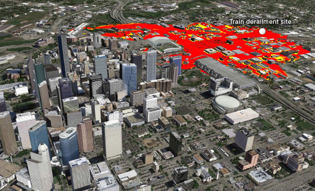 An Aeolus-simulated chlorine gas release (red) near downtown Houston, Texas, spreads quickly following a train derailment. 