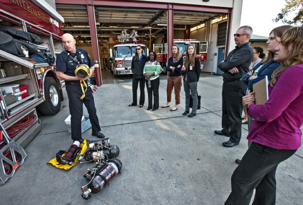 Students from Georgetown University’s Emergency and Disaster Management master’s program learn about special hazardous material operations during a visit to a Livermore–Alameda Country Fire Station located at Lawrence Livermore. (Photo by George A. Kitrinos.)  