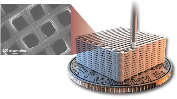 Three-dimensional printing technology can be used to create graphene aerogels with a highly ordered pore structure and thus more predictable properties. An artist’s rendering of a printed 3D aerogel microlattice is shown with (inset) a scanning electron micrograph of the actual structure.  