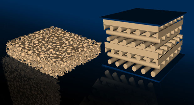 Three-dimensional (3D) printing allows researchers to create materials with custom structures, shapes, and mechanical properties while saving time and expense. The microstructures of two different foam materials show (left) a traditional open cell form and (right) a 3D-printed foam with a tetragonal lattice structure.  