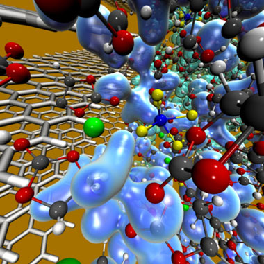 Qbox is a first-principles molecular dynamics code written to carry out large simulations on massively parallel supercomputers. This image is taken from a 25-picosecond, 1,700-atom simulation of a lithium-ion cell anode–electrolyte interface. Livermore computational scientist Erik Draeger continues developing the open-source Qb@ll version of the code.  