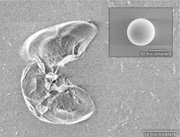 A scanning electron microscopy image shows damage on a fused-silica surface following laser irradiation of fragments left behind by an initial laser pulse irradiating a spherical borosilicate particle (inset). Glass fragments remaining on a pristine optic in high-power laser systems can lead to catastrophic damage if left untreated.  