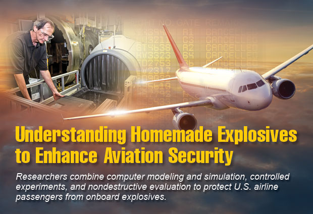 Article title: Understanding Homemade Explosives to Enhance Aviation Security; article blurb: Researchers combine computer modeling and simulation, controlled experiments, and nondestructive evaluation to protect U.S. airline passengers from onboard explosives. Photo of Harry Martz.