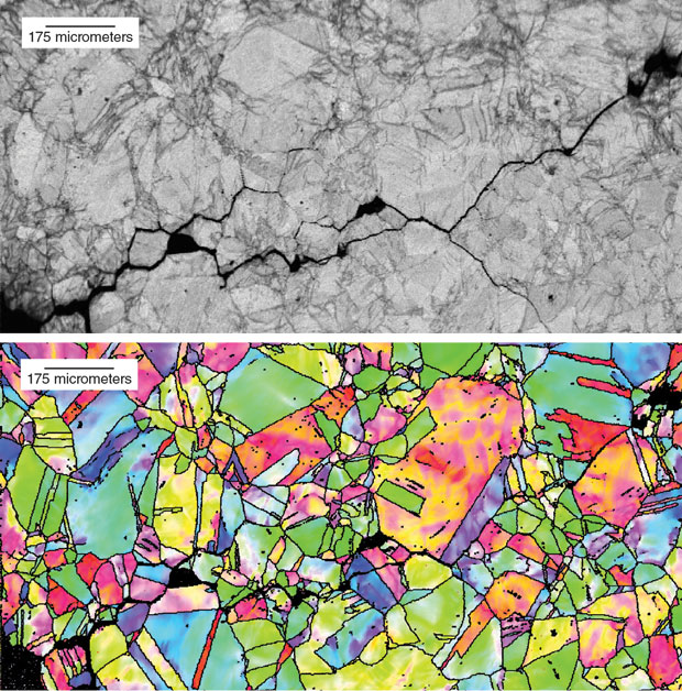 Livermore scientists used SEM-based electron backscatter diffraction to study crack propagation. This technique reveals how cracks travel through different microstructures, allowing researchers to predict when and where fractures will form and what paths they will follow—information that helps pinpoint where a component is most likely to fail. In the bottom image, colors indicate grain orientation.