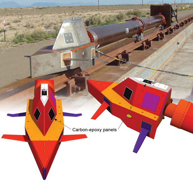 A monorail dry-run test at Holloman Air Force Base in July 2013 had no payload and used three representative carbon-epoxy panels mounted on the top and sides of the sled. (Rendering by Kwei-Yu Chu.)