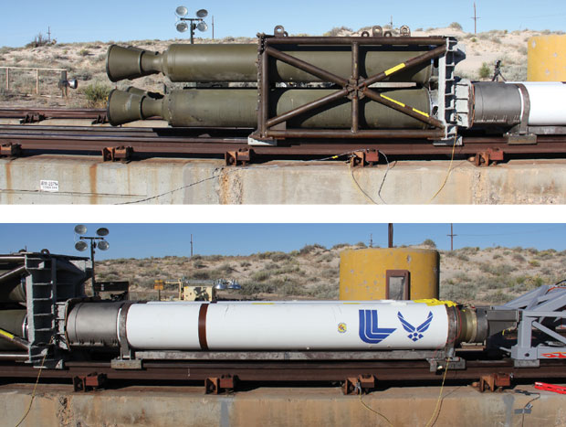 The forebody sled was propelled by two pusher stages. (top) In the first stage, four Nike rocket motors provided the initial thrust. (bottom) The second stage was loaded with two Super Terrier rocket motors.