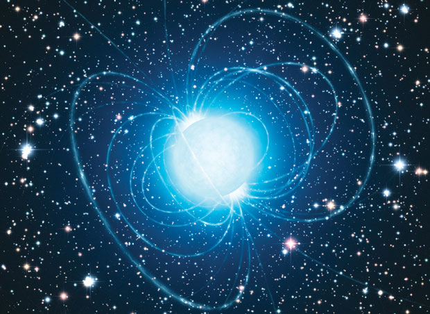 Magnetars, such as the one in this artist’s rendering, are thought to be newly formed, isolated stars that have extremely powerful magnetic fields and emit radiation from their magnetic poles. Their irregular bursts of energy affect their rotational period and visibility. (Courtesy of European Southern Observatory.)