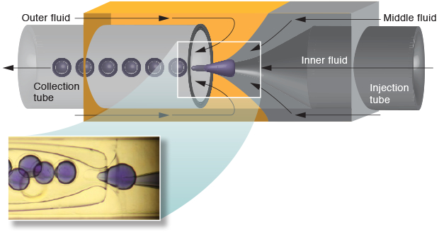 A schematic cross section indicates fluid flows and other elements in the Livermore-led team’s approach to producing many capsules in a single production run. (inset) An actual microfluidics device is shown in operation, injecting a drop of carbon-capturing mixture into individual capsules in  rapid fashion. 