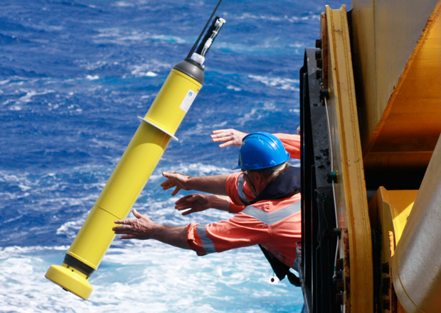 Akin to having a fleet of miniature research vessels, a global flotilla of more than 3,900 robotic profiling floats called ARGO provides crucial information on the upper layers of the world’s ocean currents. In this photo an ARGO float is being launched from a vessel. The aerial at the top transmits data directly to satellites. (Photo courtesy of Alicia Navidad, CSIRO.)